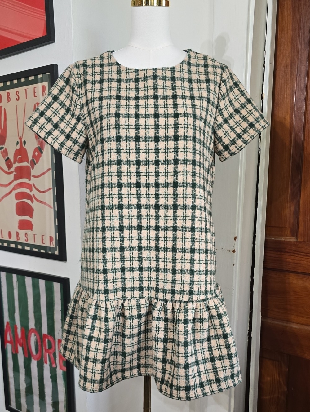 Plaid Tweed Short Sleeve Mini Dress in Cream and Green Ruffle